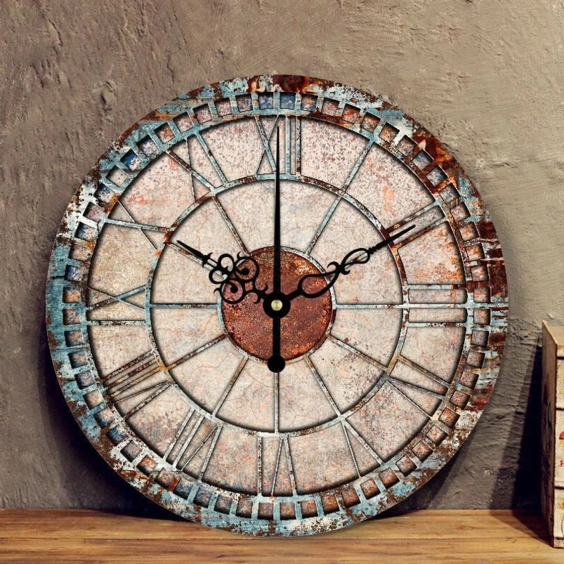 Steampunk wall clock with distressed rust finish and Roman numerals, frontal view showcasing weathered patina and ornate metal hands