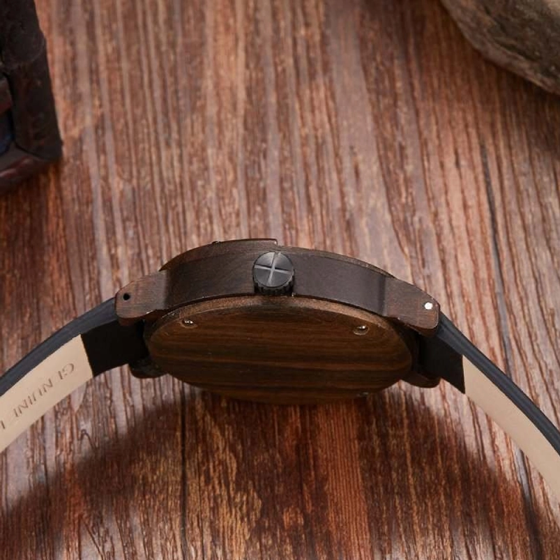 Back view of steampunk wooden watch showing solid wood back cover and genuine leather inner lining