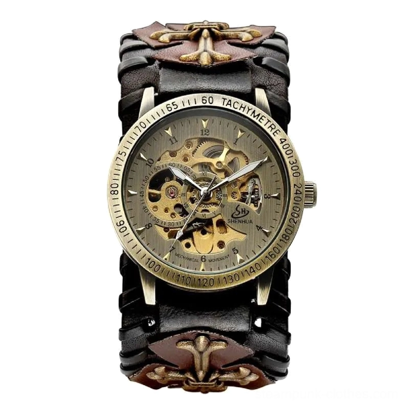 Steampunk mechanical wristwatch front flat view featuring tachymeter bezel, black cross-pattern leather strap, and visible bronze mechanical gears through hollow skeleton dial design