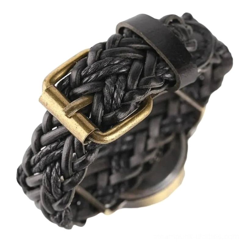 Black braided leather steampunk watch strap with brass metal buckle and vintage hardware, flat lay detail emphasizing woven leather quality and fastening mechanism