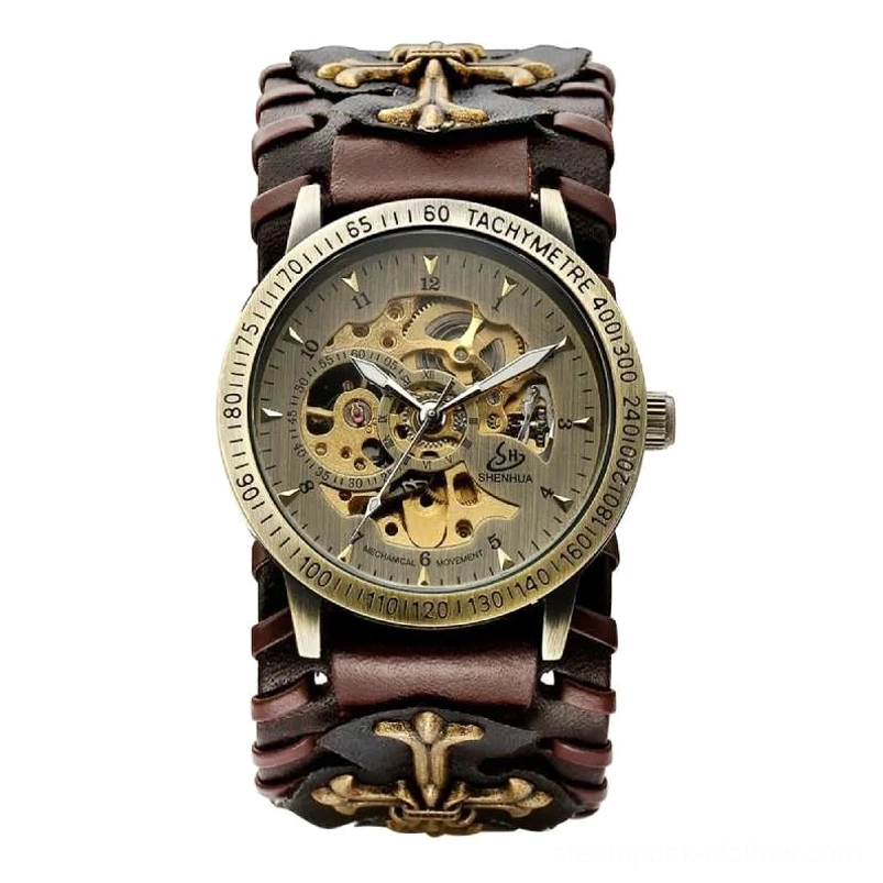 Steampunk mechanical wristwatch front flat view with tachymeter bezel, brown cross-pattern leather strap, and fully exposed bronze mechanical movement visible through transparent dial