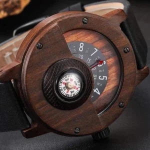 Close-up detail of steampunk watch semicircular compass dial with metal screws and wood case