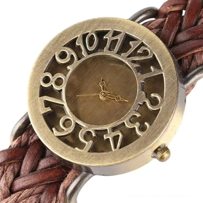 Steampunk watch face and strap assembly, flat lay detail view with bronze casing, hollowed vintage numbers, and brown braided leather band on white background
