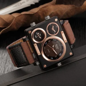 Steampunk watch side profile revealing dual crown mechanism and textured dial surfaces, shot at oblique angle on dark surface with vintage aesthetic styling and dry foliage