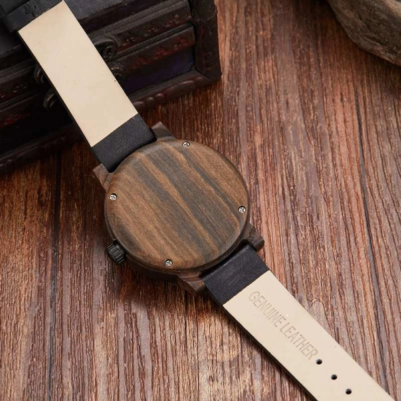 Steampunk wooden watch complete set flat lay with vintage box and genuine leather strap detail