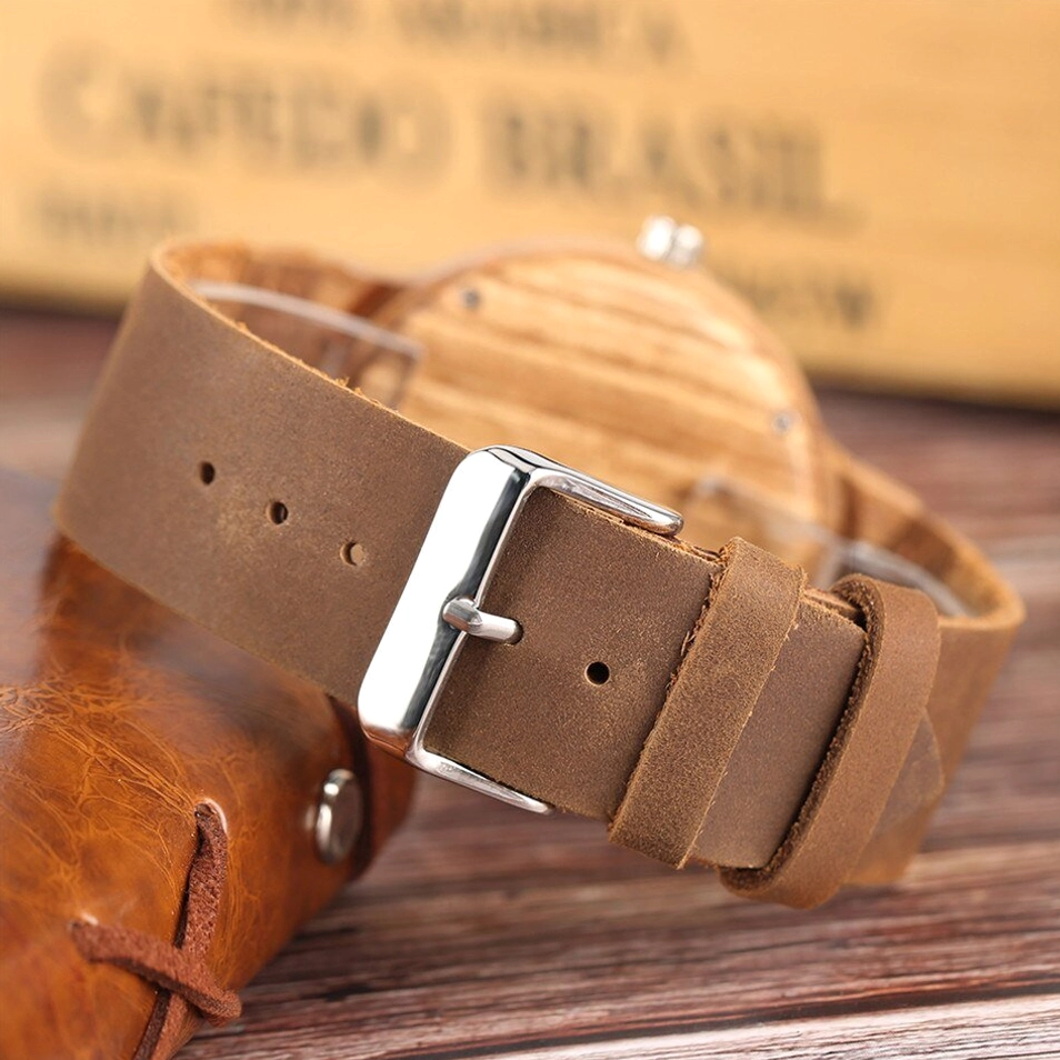 Close-up of steampunk watch leather strap with silver stainless steel buckle and wood case