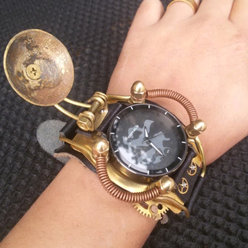 Steampunk mechanical wristwatch with large vintage brass disc, prominent copper coil, and intricate gear details, oblique side view on fabric background