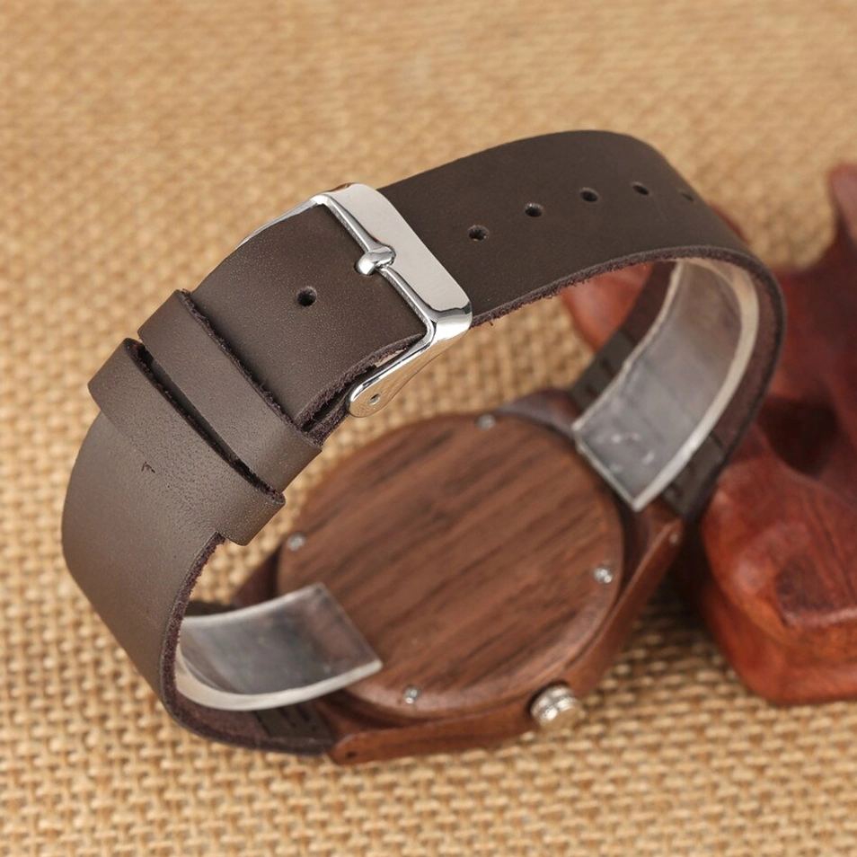 Rear view of walnut steampunk watch showing solid wood back cover and stainless steel buckle detail