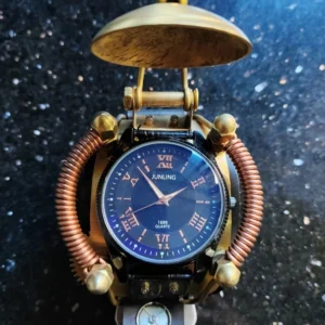 Steampunk quartz watch with Roman numeral dial and liftable brass cover, featuring ornamental copper tubes and mechanical aesthetic on sparkling blue background