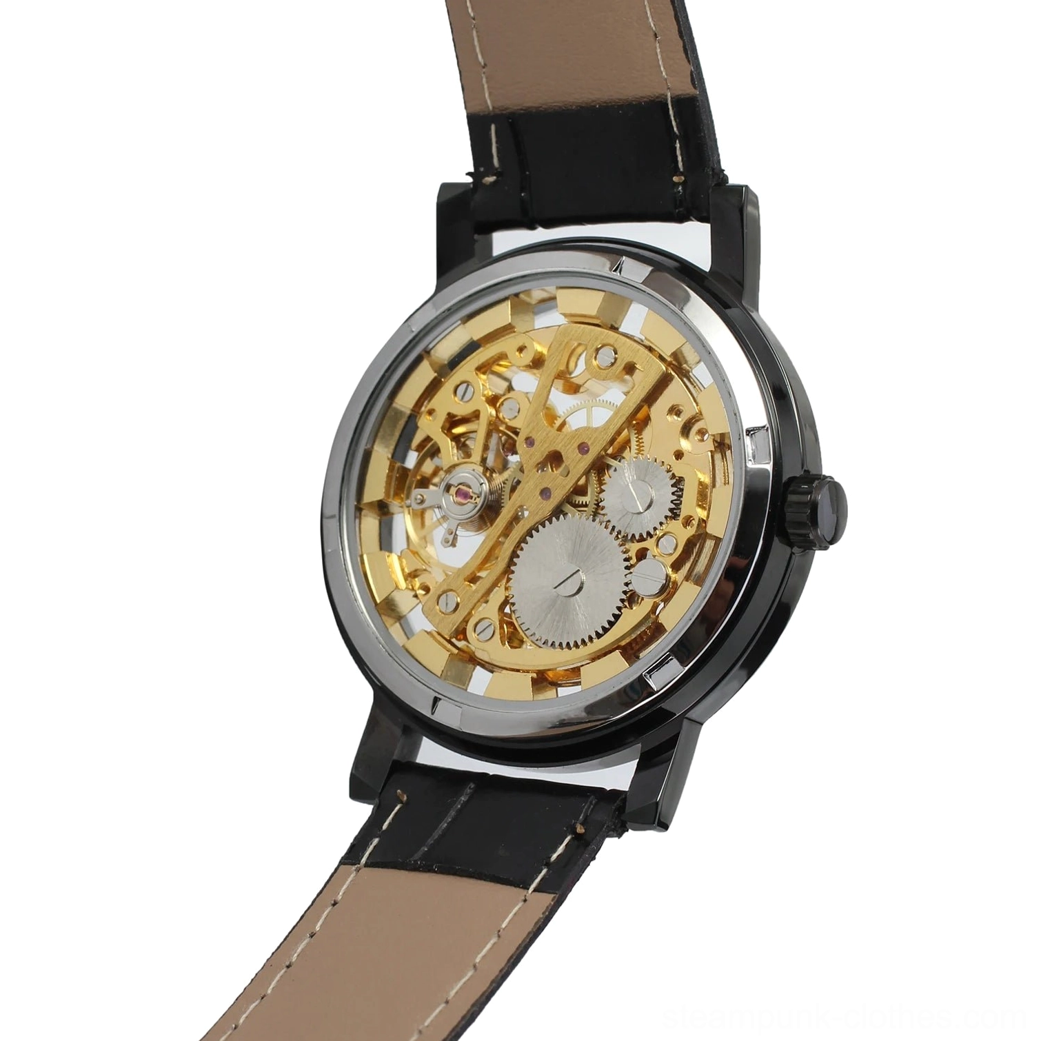 Side three-quarter view of black skeleton steampunk watch displaying brown leather inner lining, black watch case, and visible hollow gear structure detail
