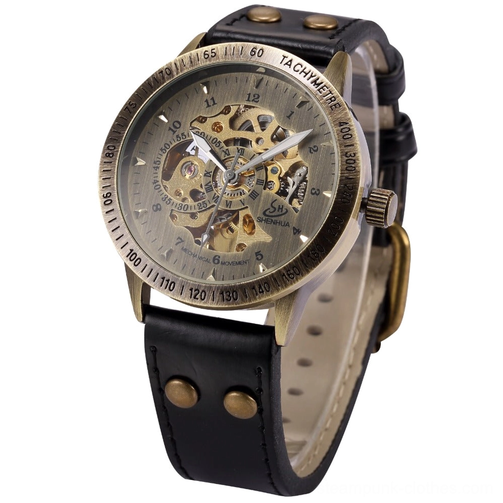Three-quarter side view of skeleton steampunk watch displaying black studded leather strap, hollowed gear dial, and complete watch profile with industrial aesthetic