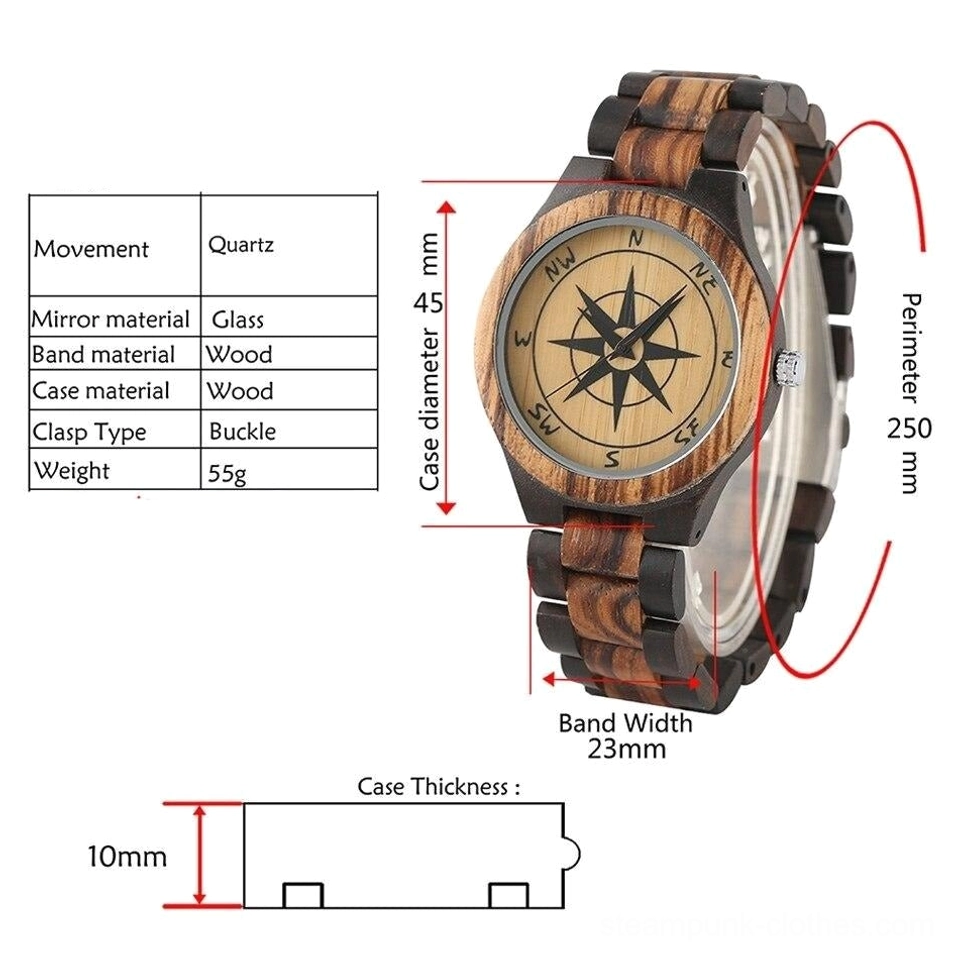 Wooden compass steampunk watch with technical specifications showing quartz movement, wood materials, glass mirror crystal, and case dimensions