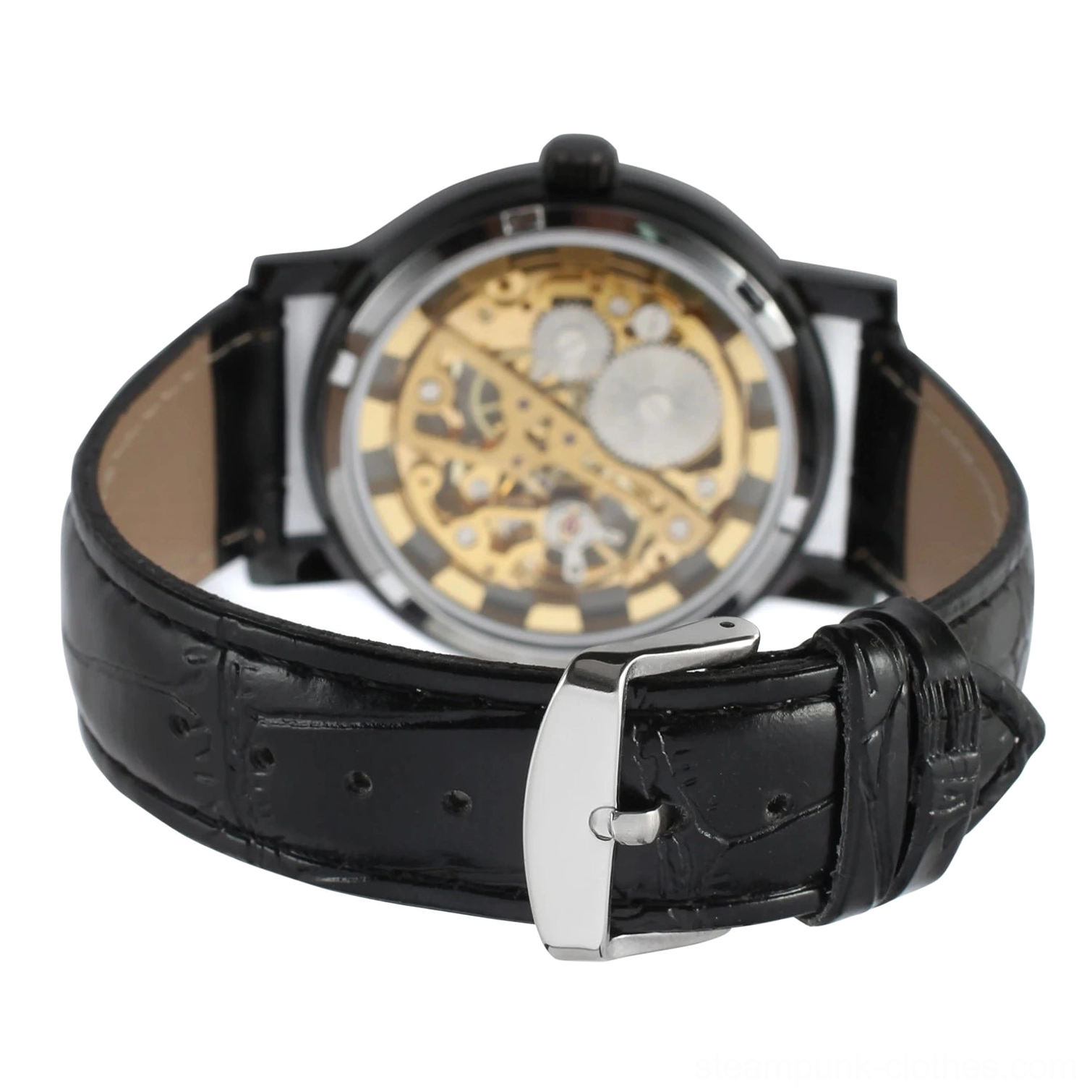 Rear view of black steampunk skeleton watch showing transparent case back with exposed gold movement, silver metal buckle, and mechanical components