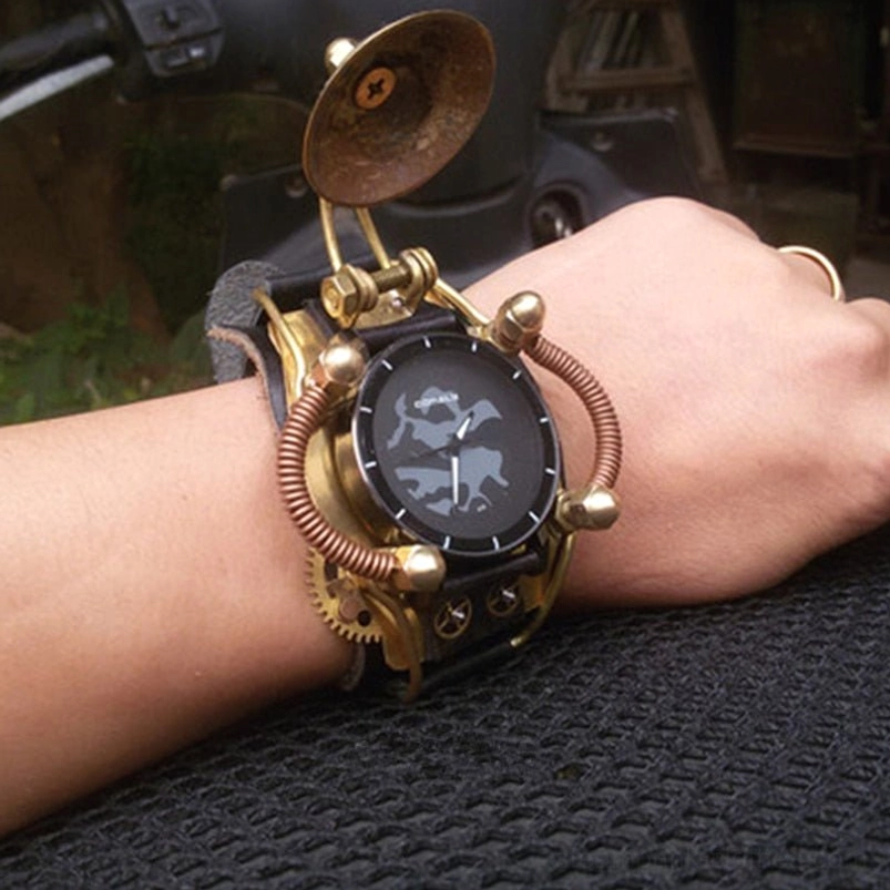 Steampunk wristwatch with vintage brass disc and copper coil accents worn on left hand with decorative ring, side view on car fabric background showcasing gear details