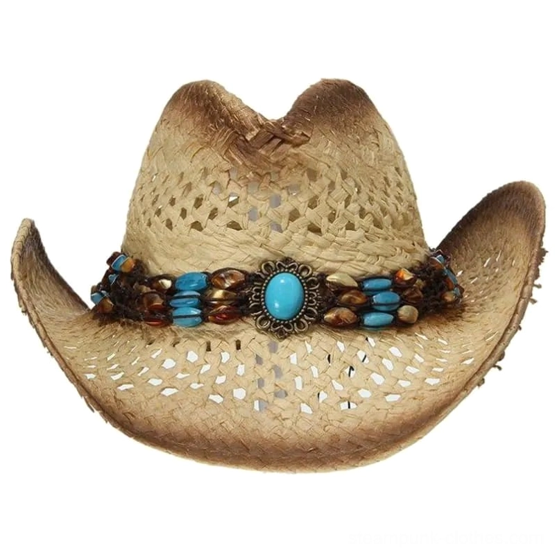 Steampunk western cowboy straw hat front three-quarter angle featuring upturned brim and ornate turquoise beaded hat band with bronze metal settings