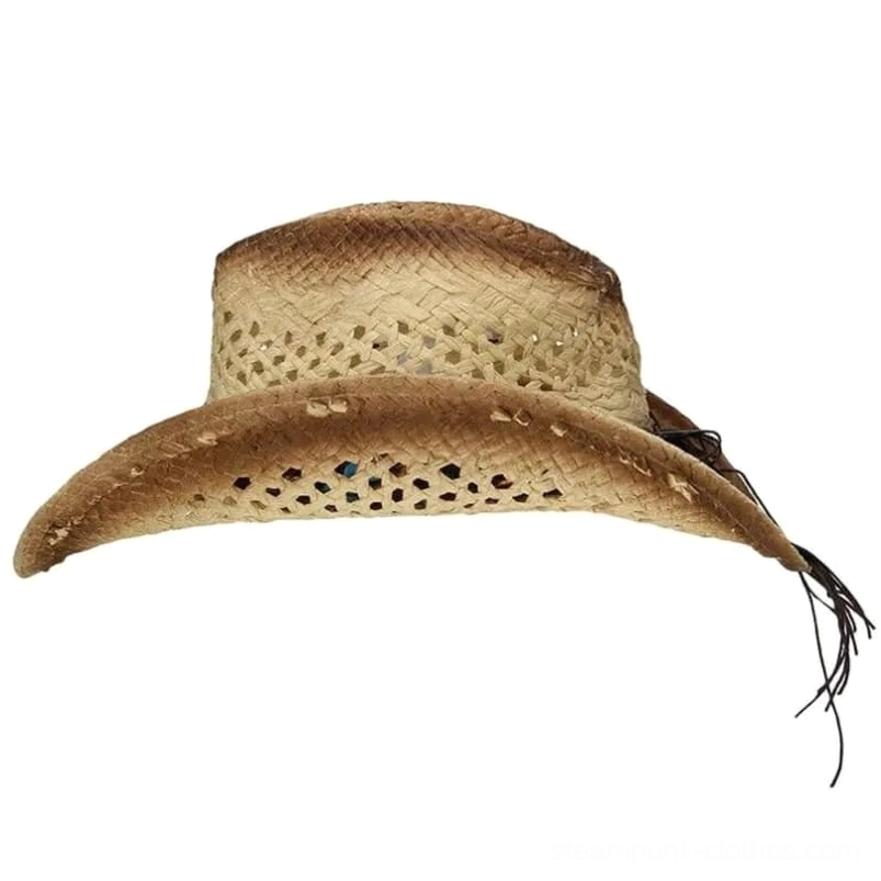 Right side rear view of distressed steampunk western straw hat displaying hollow weave construction and hanging tassel embellishment