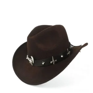 Dark brown steampunk cowboy hat with winged metal trim and cross-shaped studs, right three-quarter side view showcasing hat band details and profile