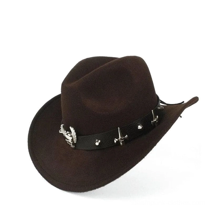 Dark brown steampunk cowboy hat with winged metal trim and cross-shaped studs, right three-quarter side view showcasing hat band details and profile