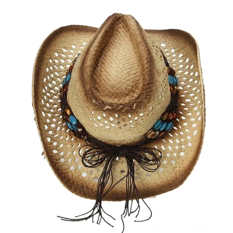 Top-down rear view of steampunk western hat showcasing decorative tassel bow centerpiece and complete beaded hat band design
