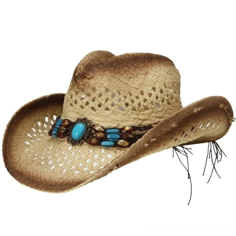 Steampunk western straw hat left side three-quarter view showing hollow woven straw texture, beaded turquoise hat band and decorative rear tassels