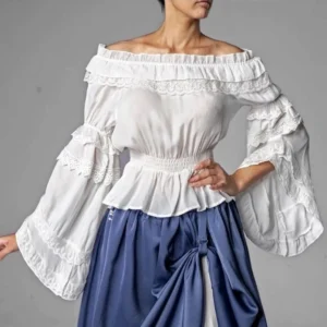Off-shoulder white silk chiffon ruffle blouse front view on model, showcasing cascading ruffles, lace trim accents, and flared bell sleeves with smocked waist detail - steampunk Victorian blouse