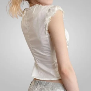 Victorian Steampunk White Corset Blouse – Back Detail and Cropped Hem with Denim Styling