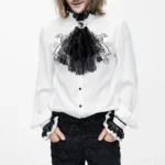 Steampunk white shirt with black lace ascot collar and embroidered scroll patterns, front view on male model wearing dark patterned trousers against white studio background