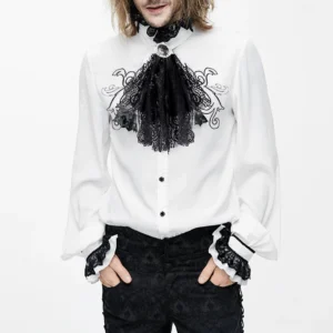 Steampunk white shirt with black lace ascot collar and embroidered scroll patterns, front view on male model wearing dark patterned trousers against white studio background