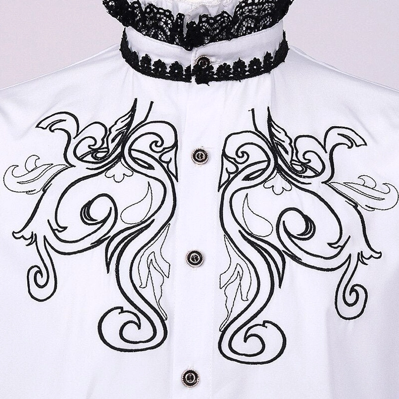 Close-up detail of steampunk shirt collar showing black scroll embroidery, lace-trimmed stand collar, and vintage round front buttons
