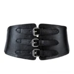 Steampunk industrial wide waist belt front view showing triple silver buckles and black premium PU leather construction, flat lay studio photography