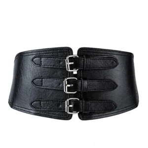 Steampunk industrial wide waist belt front view showing triple silver buckles and black premium PU leather construction, flat lay studio photography