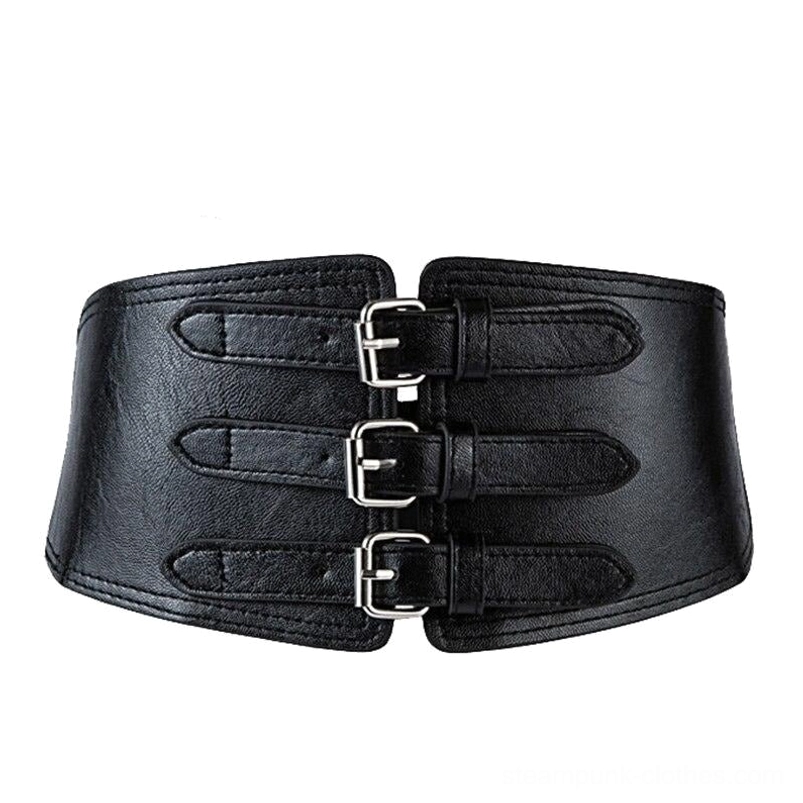 Steampunk industrial wide waist belt front view showing triple silver buckles and black premium PU leather construction, flat lay studio photography