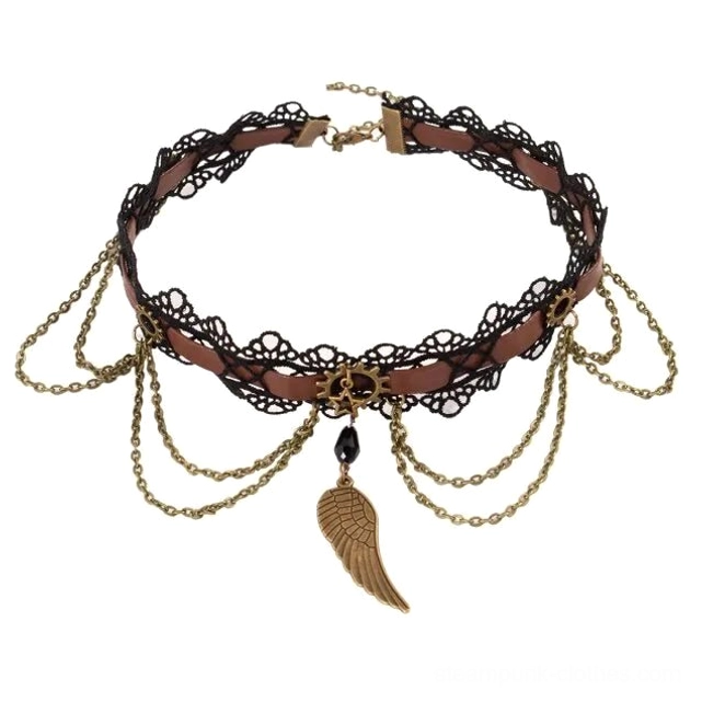 Full flat lay of steampunk wing lace choker showing complete circular shape and all decorative elements