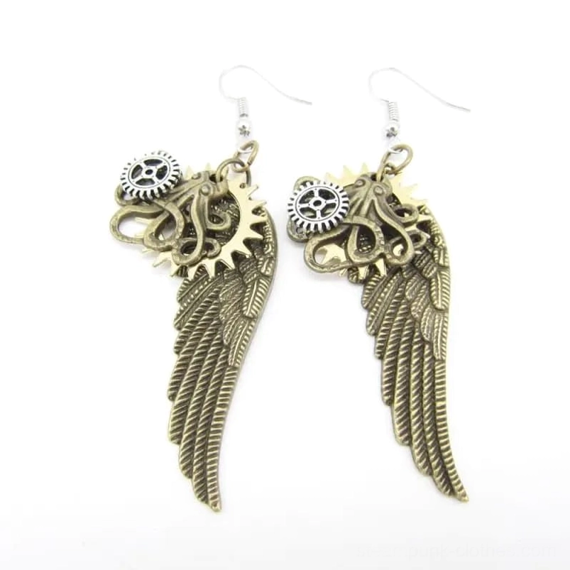 Steampunk octopus wing earrings pair with mixed bronze and silver metal gears in alternate layout, front flat view