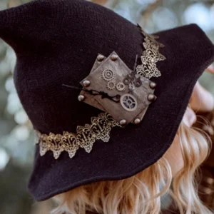 Steampunk witch hat rear close-up showing riveted metal gear decoration and lace trim detail