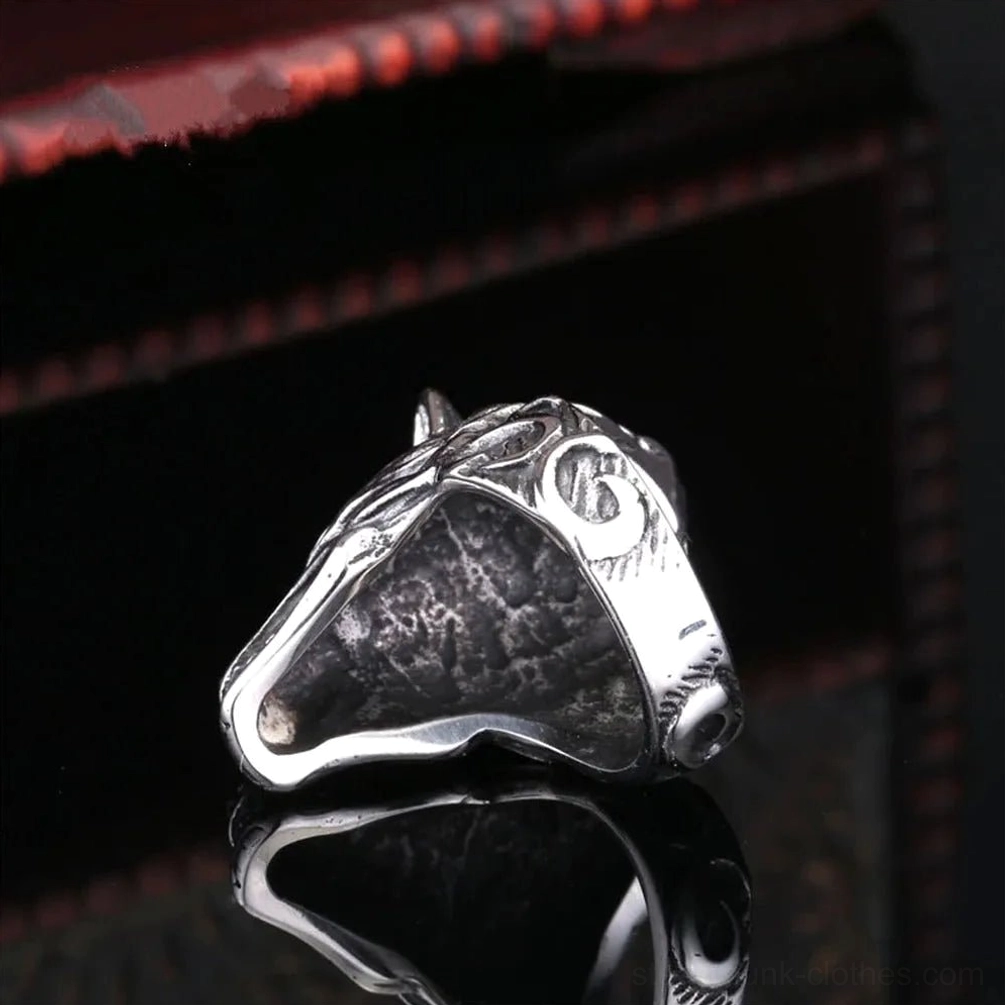 Steampunk wolf ring back view showing hollow interior and decorative swirl patterns, premium 316L stainless steel