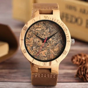 Front view of wooden quartz steampunk watch with stitched leather strap and engraved scale bezel on wooden desk