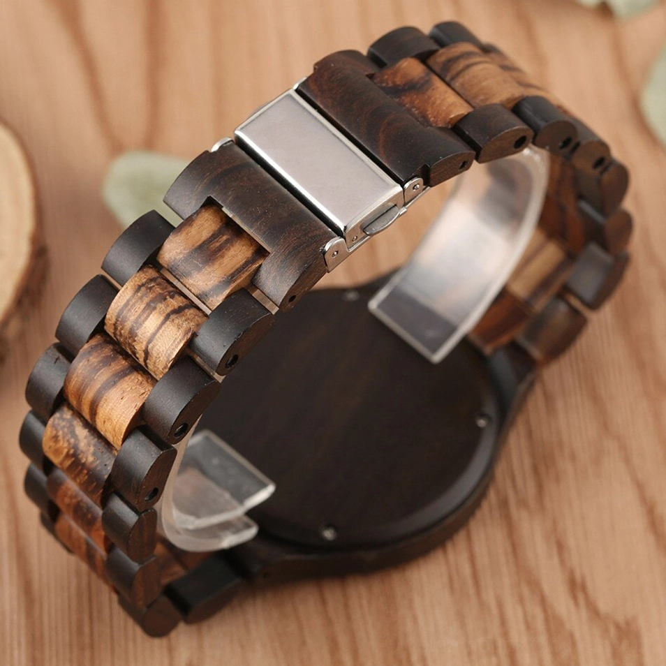 Steampunk wooden watch strap and case rear view showing metal buckle clasp and mixed wood grain pattern