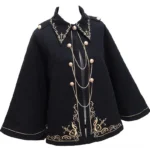 Steampunk gothic wool cloak flat lay front view with gold embroidery and brass button details on white background