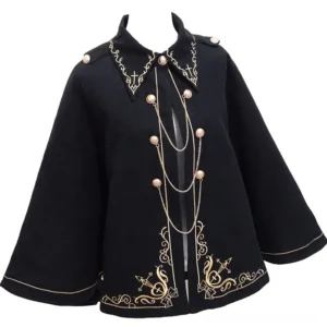 Steampunk gothic wool cloak flat lay front view with gold embroidery and brass button details on white background