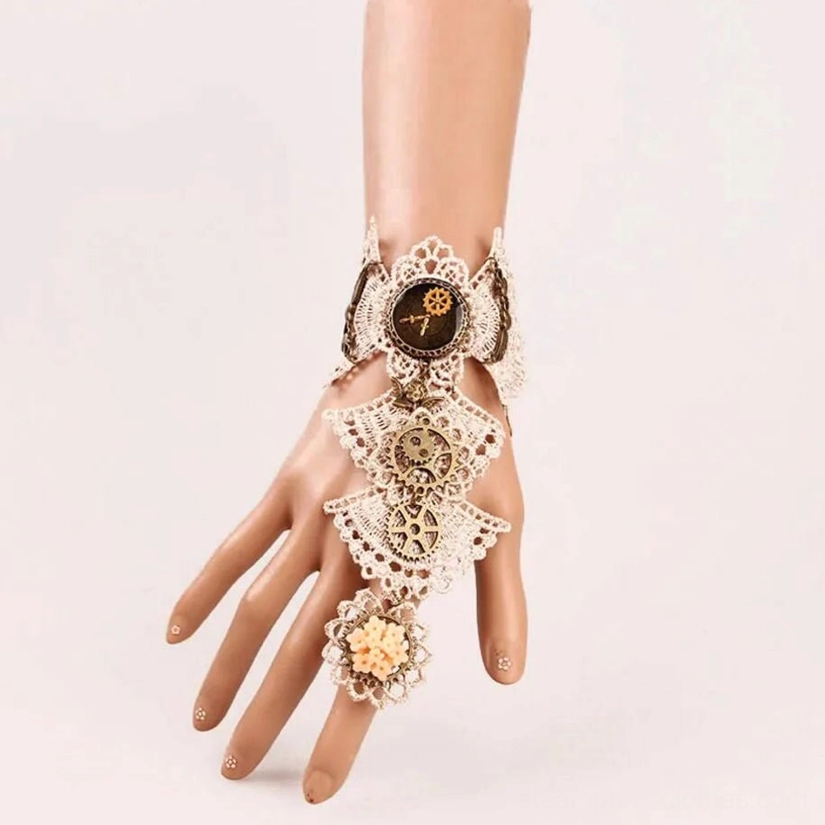 steampunk gear gloves wrist cuff design with vertical gears and decorative flower ring accent