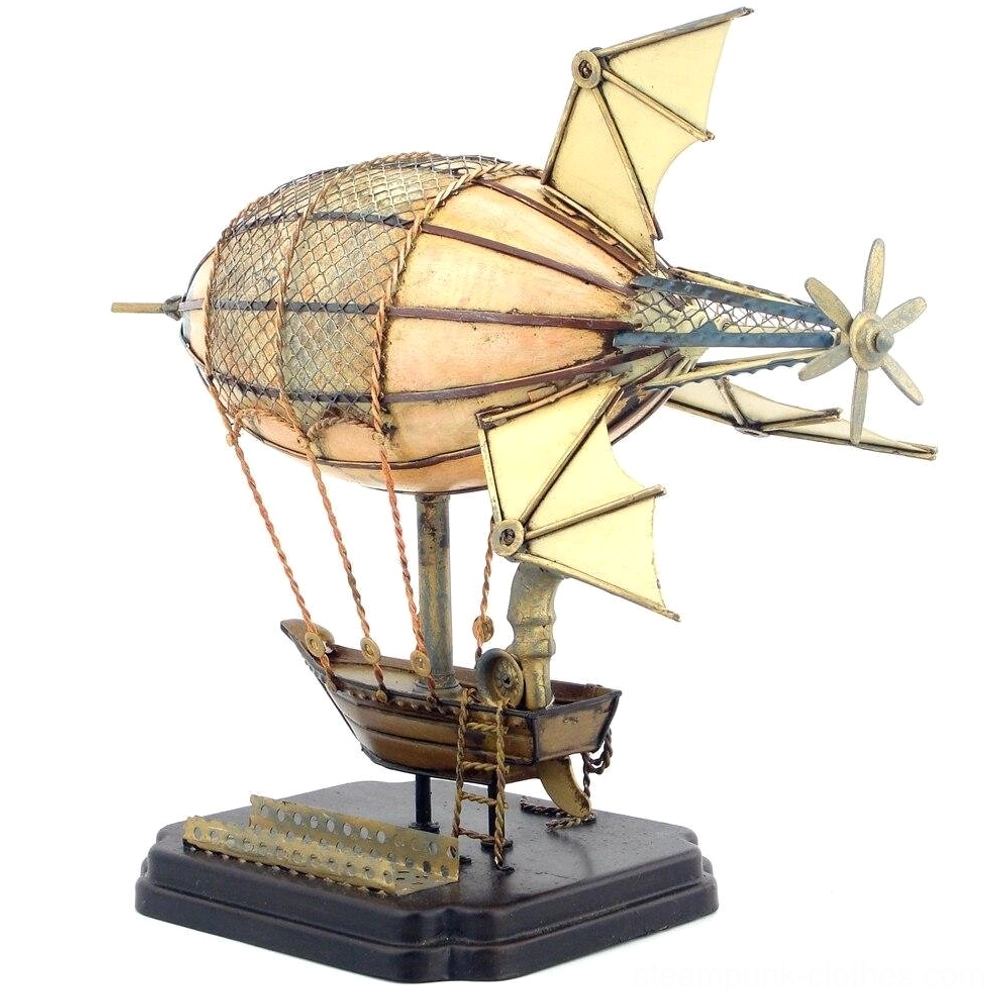 Left rear perspective of vintage steampunk zeppelin displaying front tail propeller, angled stabilizer fins, and display mounting ladder
