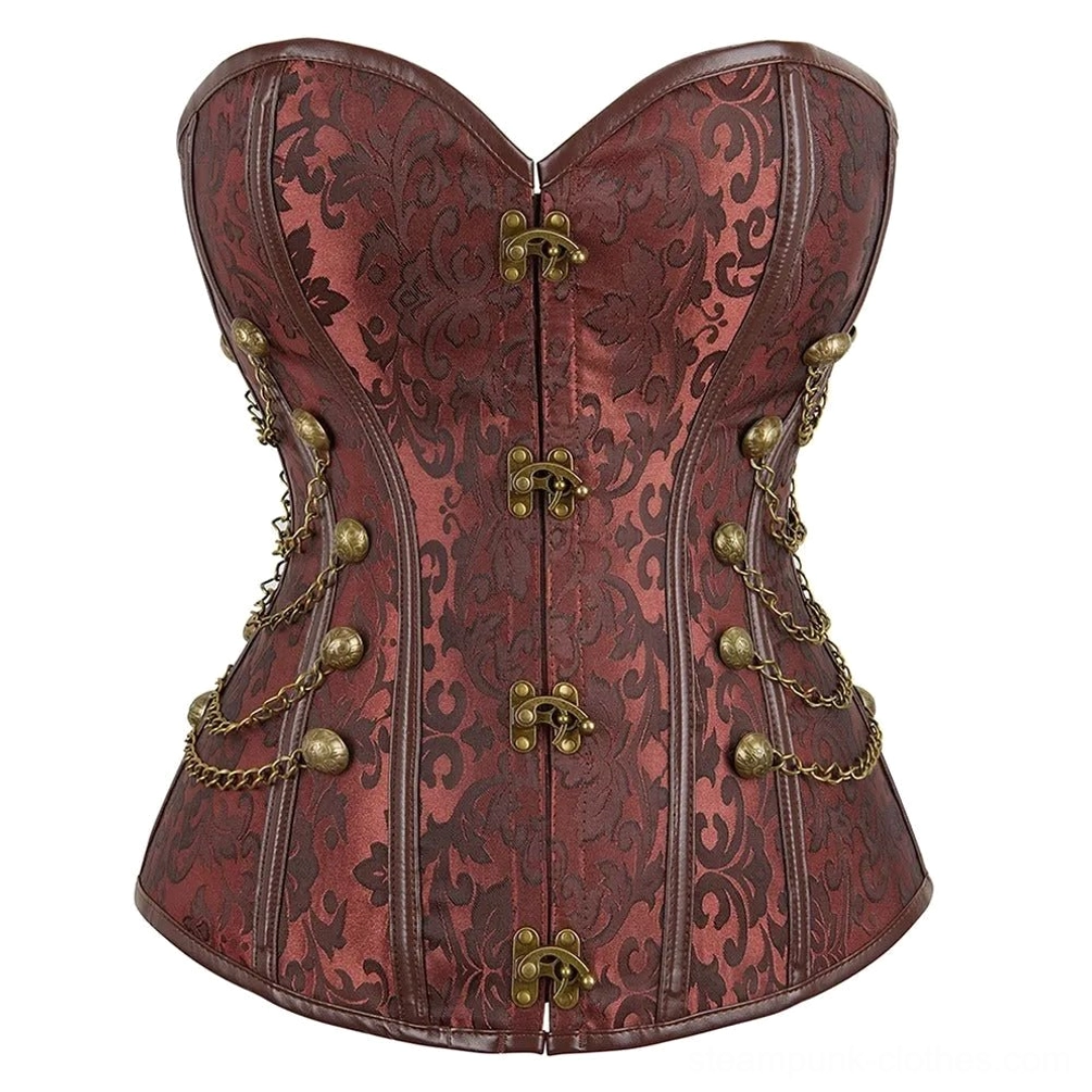 Strapless steampunk corset flat lay - heart-shaped neckline, metal clasps, decorative chain ornaments, brown jacquard brocade pattern