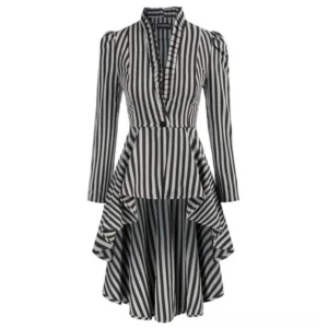 Women's black and white vertical striped steampunk jacket with ruffled stand collar, single button, and puffed sleeves, displayed flat front view