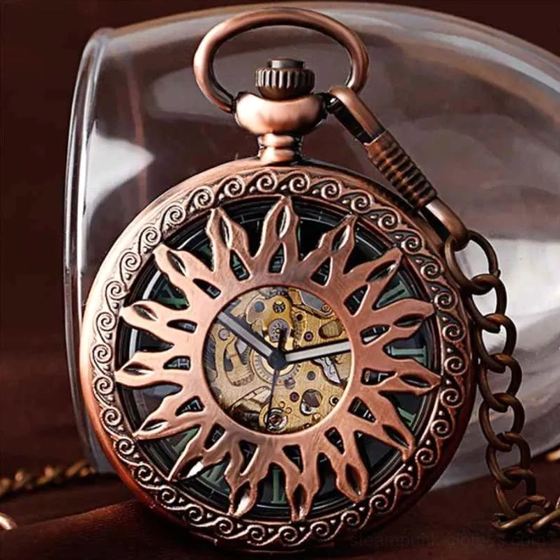 Sunburst skeleton steampunk pocket watch with carved floral copper case front close-up view