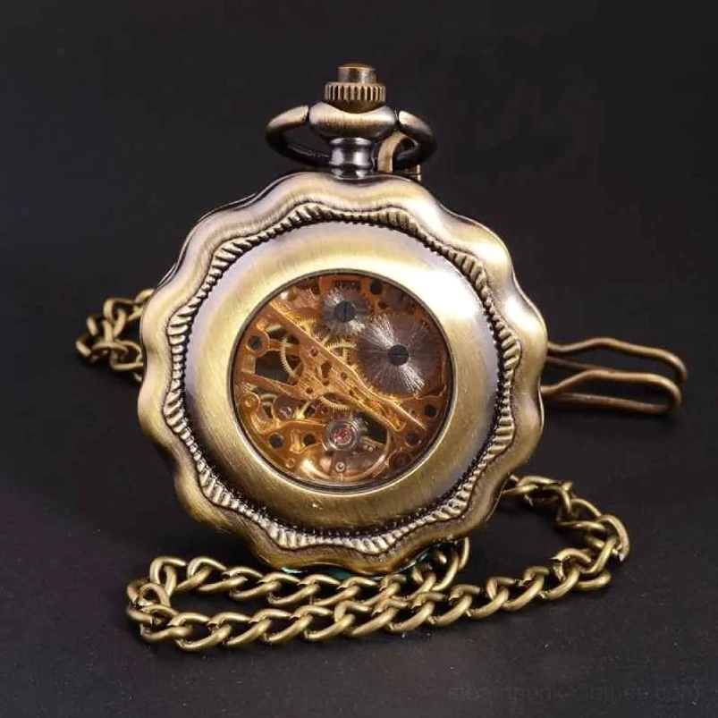 Back of sunflower steampunk pocket watch close-up showing full round exposed skeleton movement gears and attached chain in bronze finish