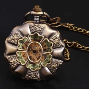 Sunflower steampunk pocket watch back view showing scalloped floral case with embossed botanical decoration and clover-style skeleton movement in bronze tone