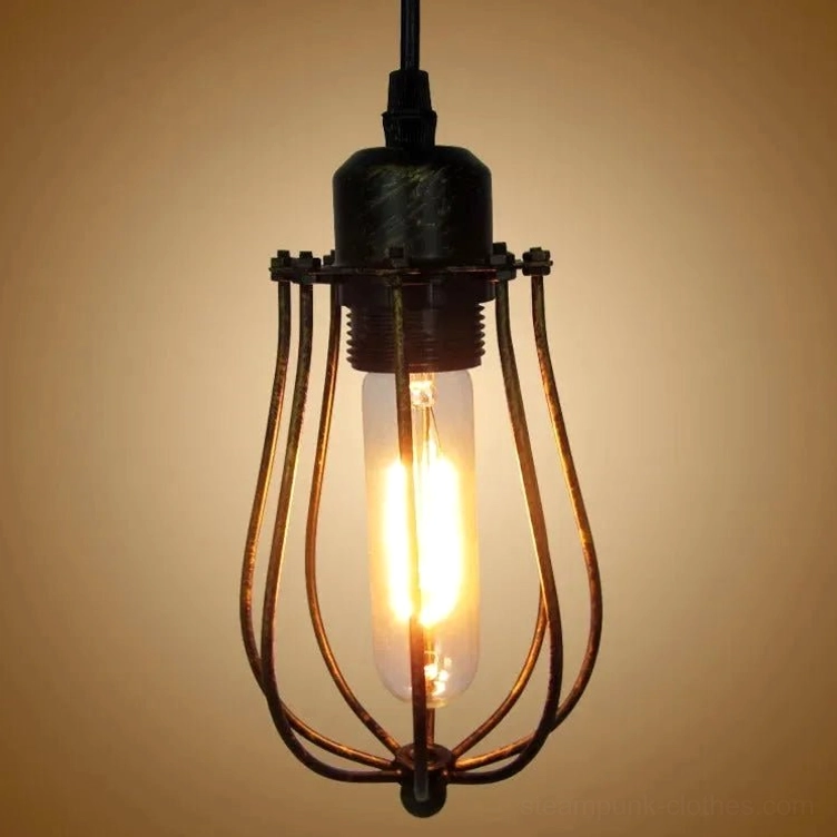 T10 Edison vintage filament bulb for steampunk pendant light, showcasing glowing warm amber filament against plain background
