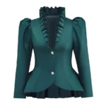 Teal steampunk Victorian blazer front view with voluminous ruffled collar and tiered peplum hem