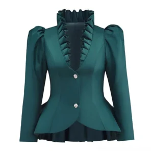 Teal steampunk Victorian blazer front view with voluminous ruffled collar and tiered peplum hem